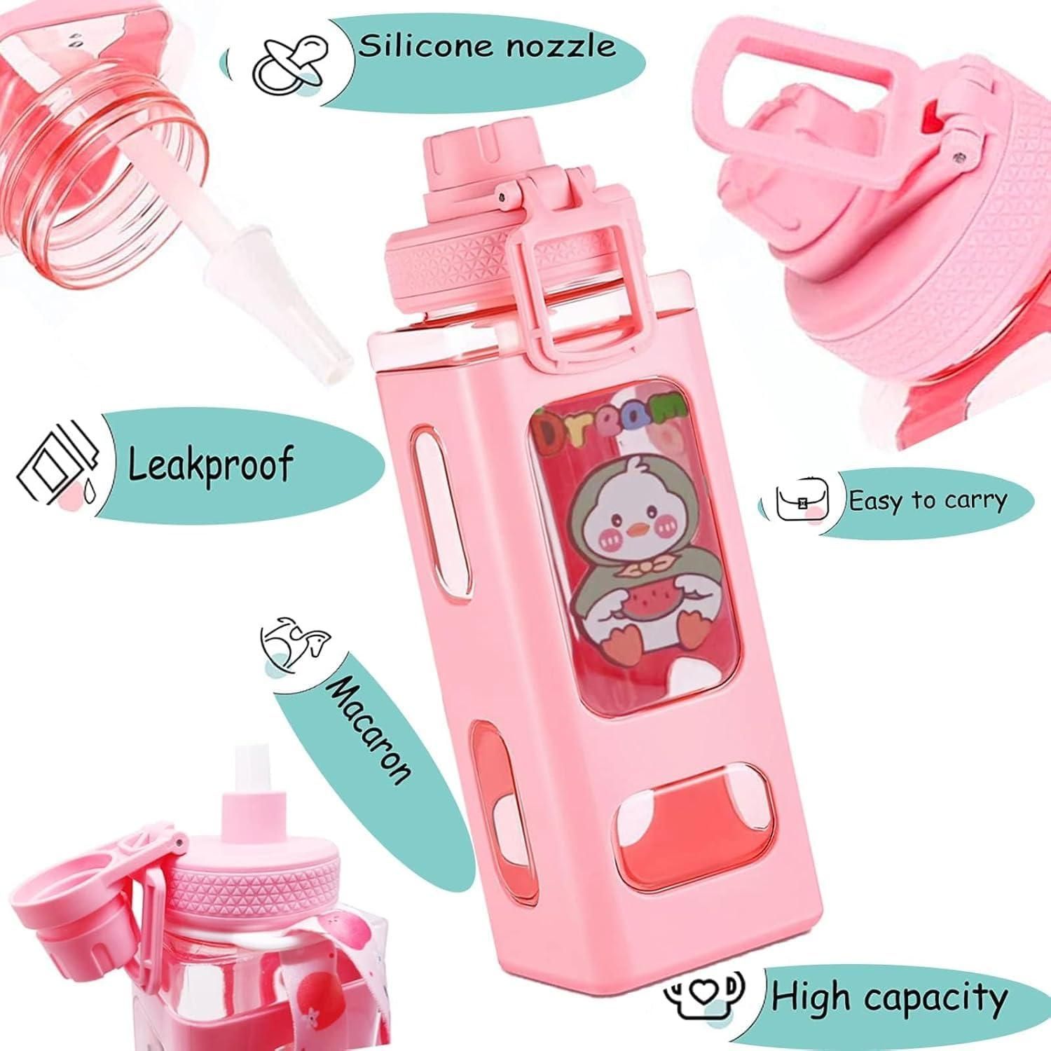 Kawaii Water Bottle with Straw and Sticker (Assorted Color)